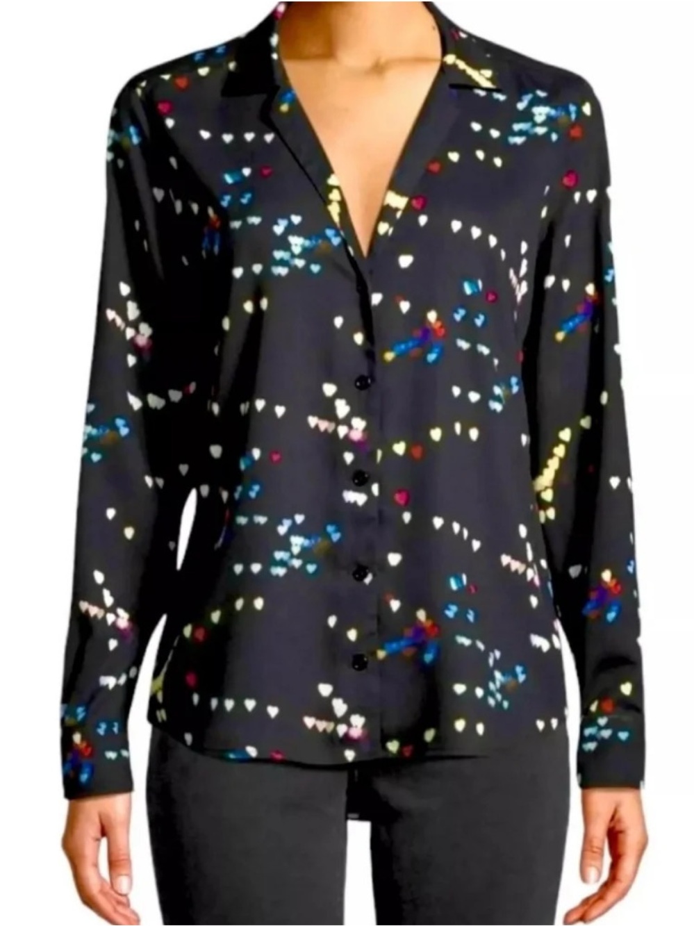 EQUIPMENT Adalyn Refracted Heart Silk Blouse XL Black Multicolor